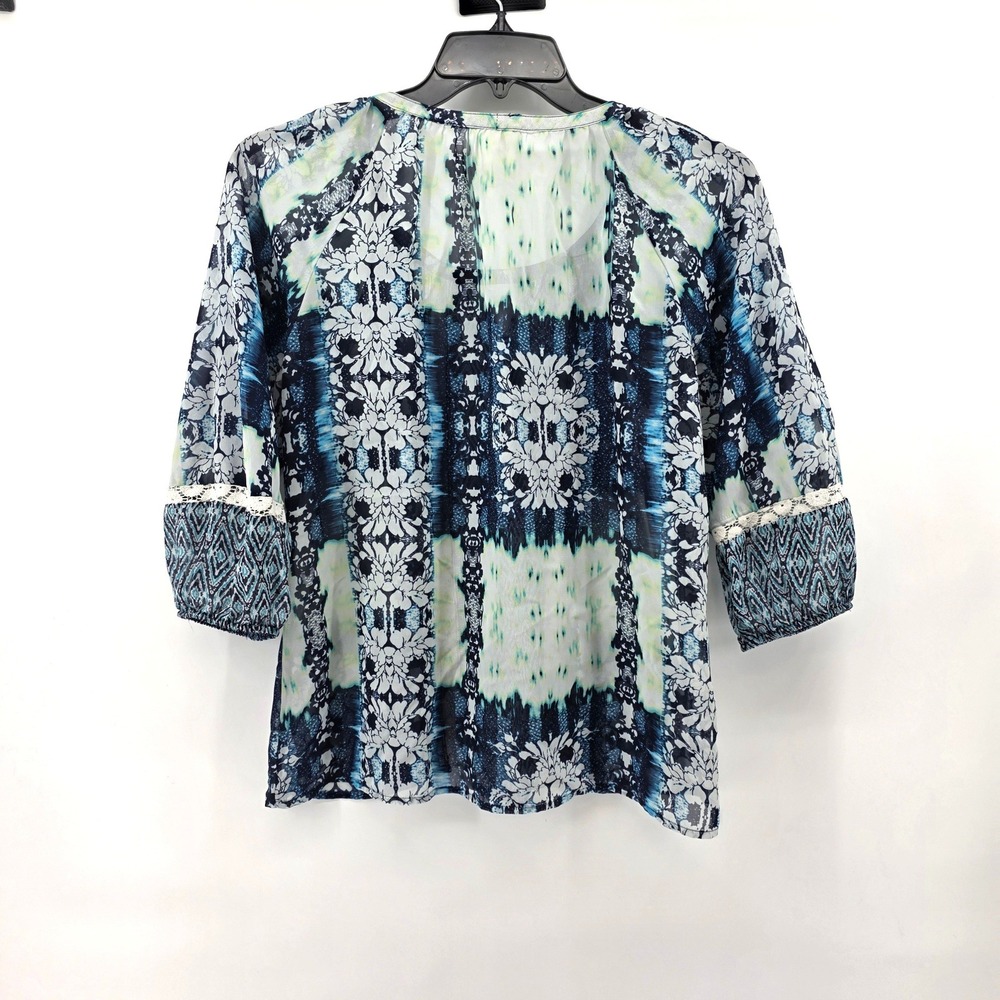 Fig and Flower Blue Green Tie Dye Floral Lace Trim Peasant Blouse Top Medium - Picture 2 of 6